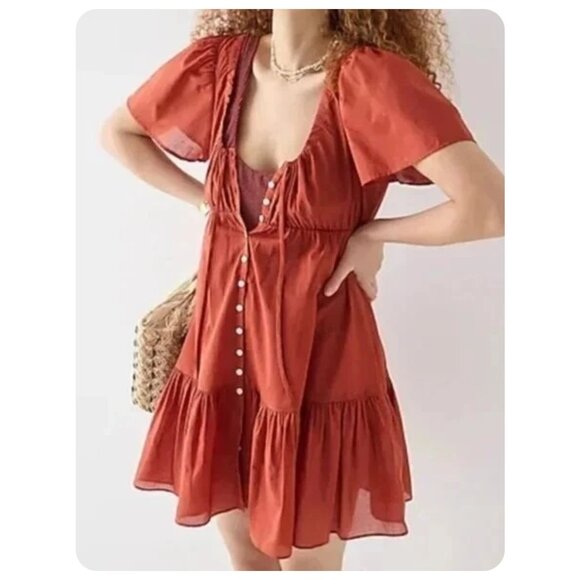 J. Crew Rust Red Cotton Voile Tiered Button Down Boho Beach Dress sz S - Picture 1 of 5